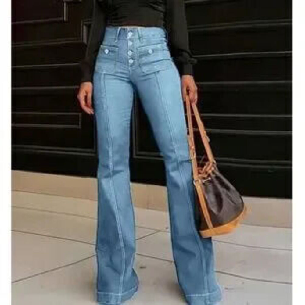 Dark Wash High waisted Button Fly Flared Leg Denim Jeans Pants - Picture 5 of 5